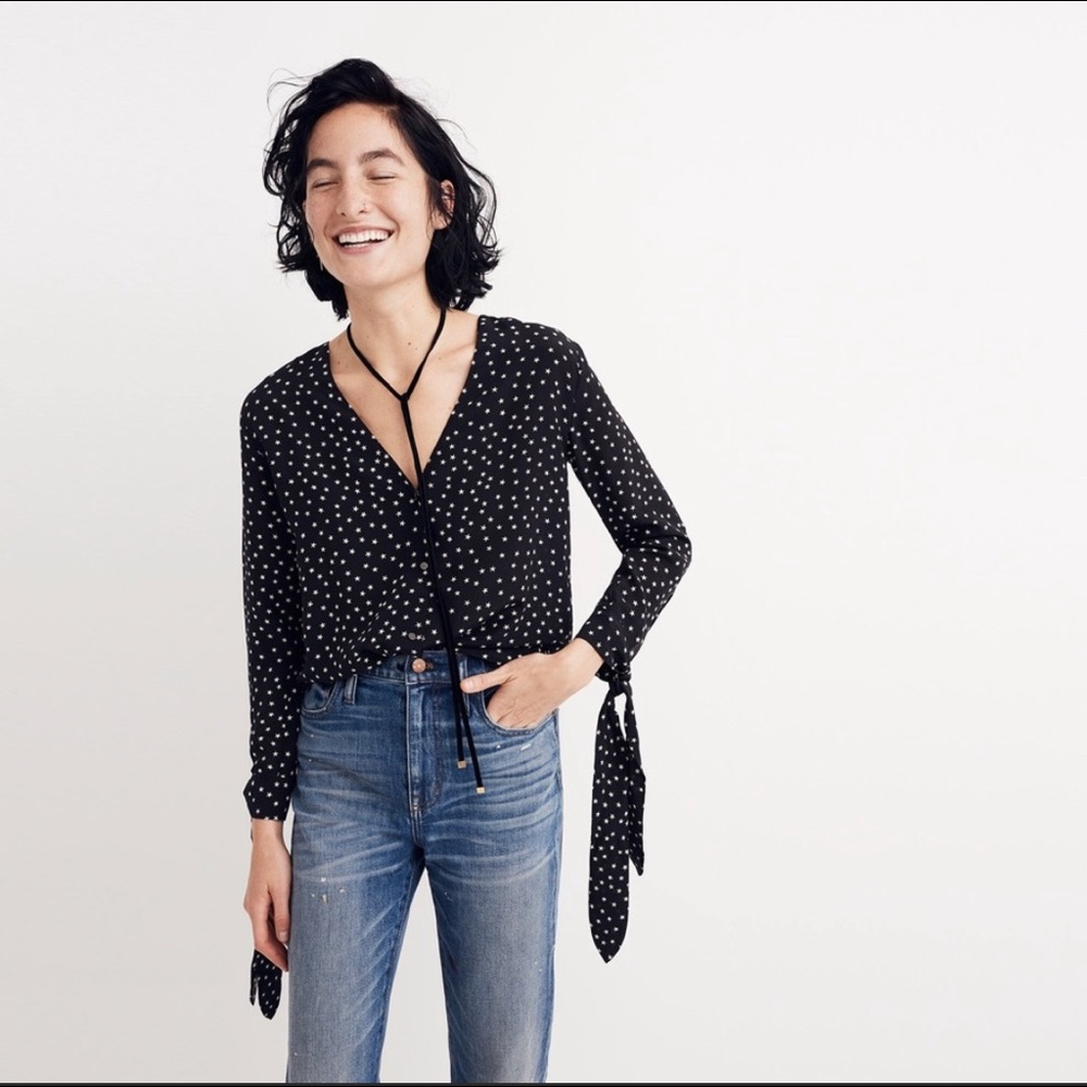 Madewell Star Scatter silk tie sleeve blouse S
